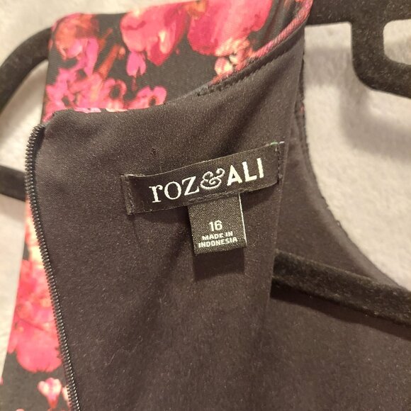 Womens Dress 16 Black Red Rose Floral Lacy Zip Sheath Feminine Career Date Night - Picture 12 of 16